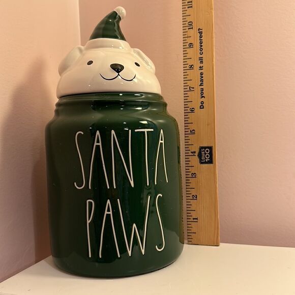 Rae Dunn SANTA PAWS Canister with Figural Dog Lid, Green and White - Picture 2 of 11